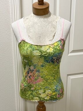 Vtg Samantha Chang Green Monet-Like Floral Print Spaghetti Strap Mesh Cami - L